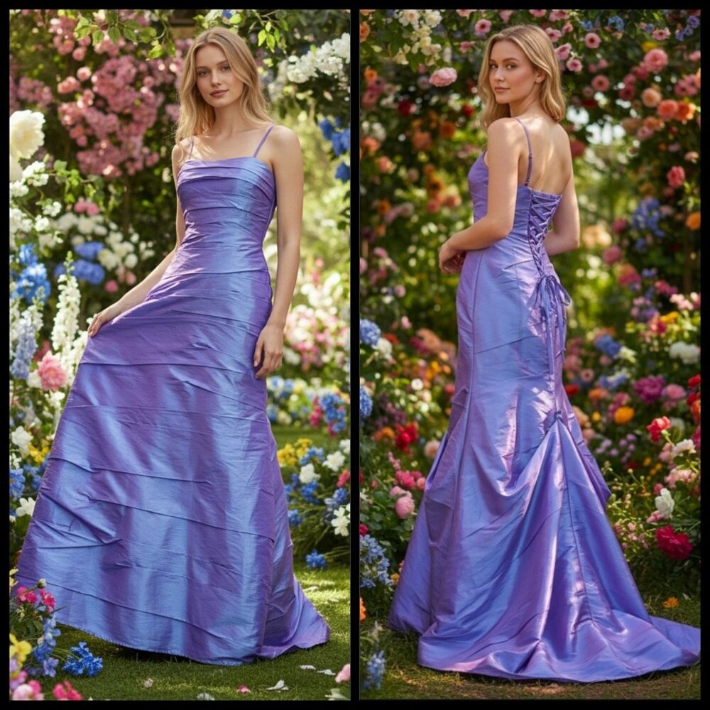 Y2K Zum Zum Long Prom Corset Dress Purple Irredescent Sz 3 4 Ruched Taffeta Gown